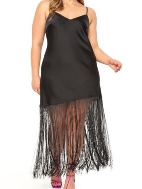 Eloquii - Black Satin Slip Dress with Fringe
